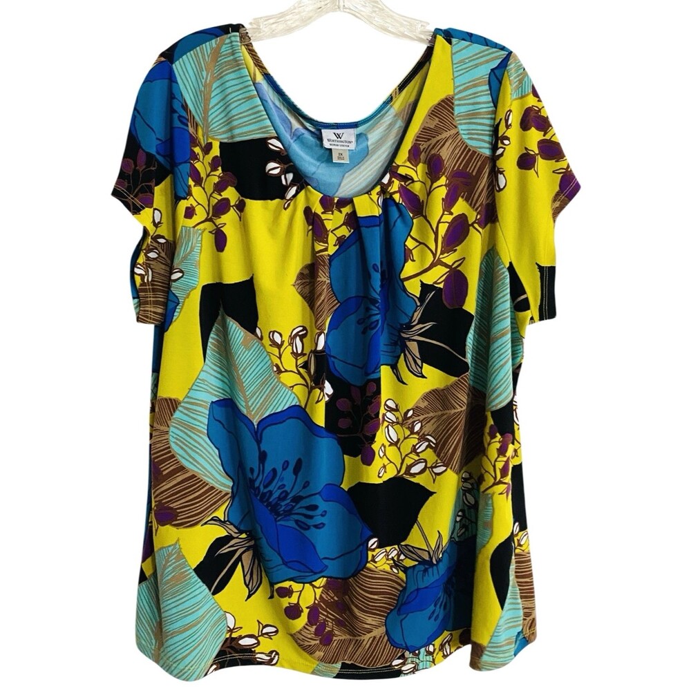 Worthington Woman Top Women's Plus 2X Multicolor Floral Pleats Stretchy Artsy